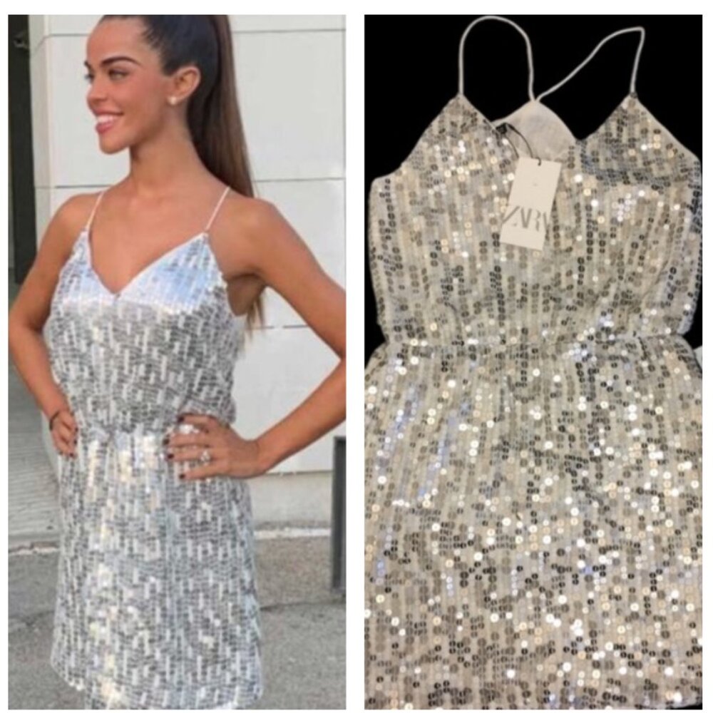 ZARA SILVER V-NECK SEQUIN EMBELLISHED ELASTIC WAIST DRESS $69.90